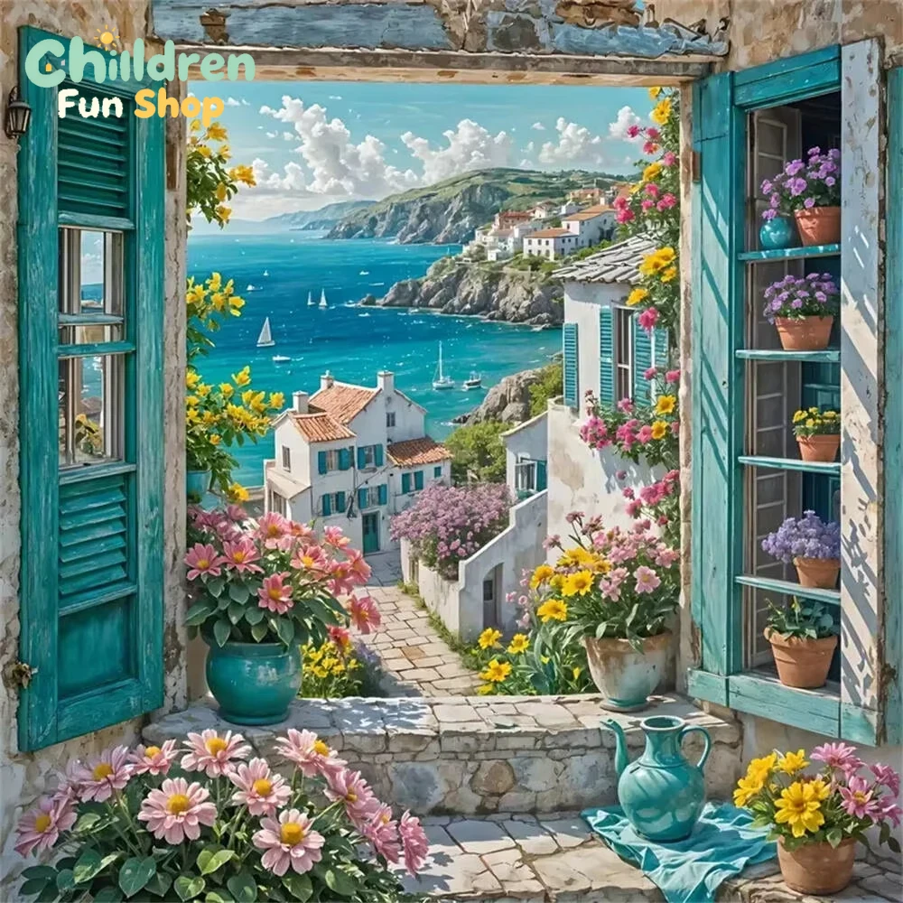 DIY Blue Window Floral Coastal - đánh giá và giá Resin Art Wallpaper